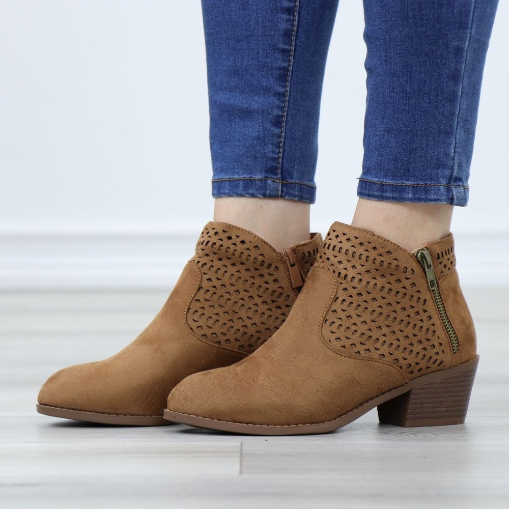 Tan Round Toe Low Heel Ankle Boots Faux Suede Lacer Cut Design - Picture 11 of 12